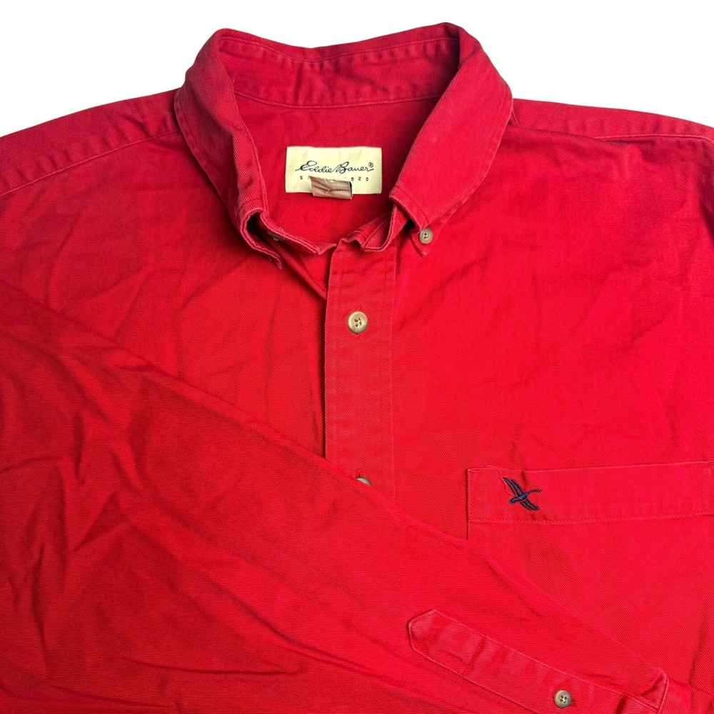 Eddie Bauer Mens M Red Button Down Shirt Long Sleeve Cotton Twill Casual Vintage
